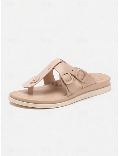  Bruna komfortflip-flops med dubbla spännen för dam – justerbara tåsandaler med stöd för hålfoten och vadderad fotbädd för strandsemester, resortresor, promenader och vardagsbruk