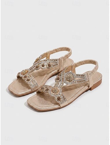  Sandali piatti da donna boho con cinturino a T e strass - scarpe gioiello con cristalli dorati metallizzati per feste estive a bordo piscina e beach club &resort