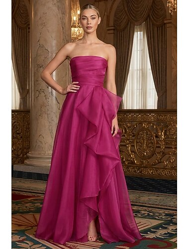  A-Linie Bodenlang Abiballkleider Abendkleid Promi-Stil Ärmellos Ein-Schulter Abschlussball Formell Organza mit Gerafft Rüschen Schlitz