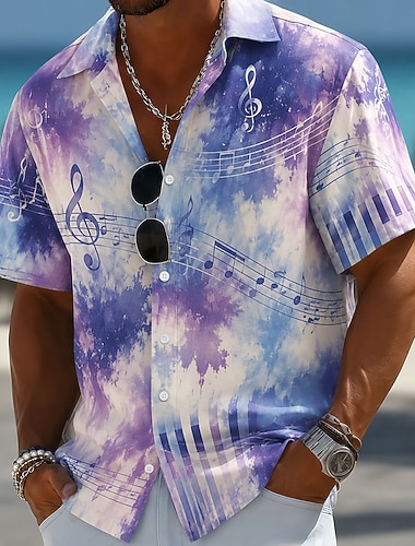  Per uomo Musica Note tinto legame Camicia Camicia Estiva Camicia con Bottoni Manica Corta Vintage Retrò All'aperto Vacanza al Mare Estate Primavera Collo ripiegato Stampa 3D Camicie con bottoni Blu