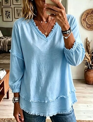  Dames Overhemd Boho-shirt Kanten overhemd Zoom Effen Kleur Effen Bohemen Vakantie Dagelijks Lange mouw V-hals Lange tops Casual blauw Wit Khaki Paars Zomer Lente Herfst