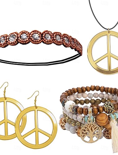  Conjunto Retro Vintage Hippie Anos 70 Colar Faixa de Cabeça Conjunto de acessórios com acessórios Hippie Fantasia Mulheres Dia Das Bruxas Carnaval Festival de Música Festa Temática Retro Adulto