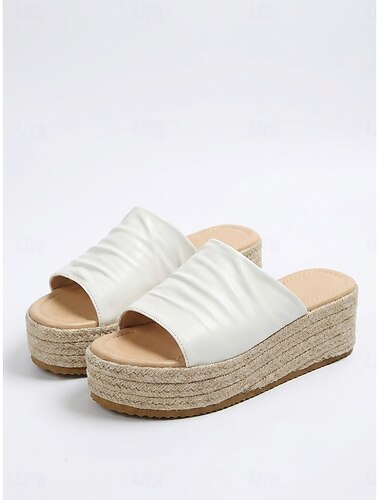  Weiße Espadrille-Keilsandalen für Damen – geraffte Plateau-Sandalen zum Hineinschlüpfen für den Strandurlaub &Inselreisen