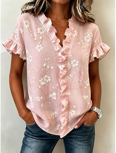  Mujer Sayo Volante Floral Graphic Elegante Moda Diario Manga Corta Escote en Pico Tops regulares Casual Diario Amarillo Rosa Verde Trébol Verano Primavera