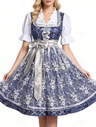  Oktoberfest Robe Dirndl Ensemble Dirndl Blouse Dirndl Jacquard Dentelle Femme de ménage Allemand Alpin Patrimoine Prairies Femmes Carnaval Fête de la Bière Tissu de style traditionnel