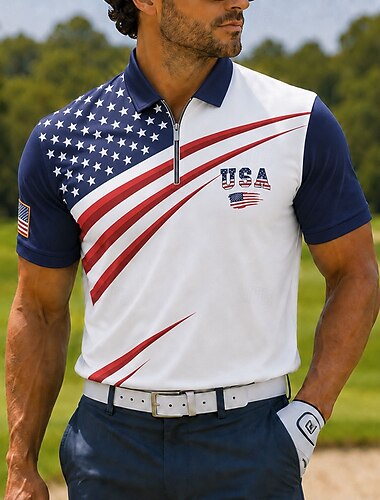 4 luglio 2026 250° Per uomo Bandiera Americana Polo con zip Manica Corta Magliette polo Camicie con Colletto Casual All'aperto Athleisure Stampa 3D Tessuto retato traspirante Primavera & Estate Blu 1