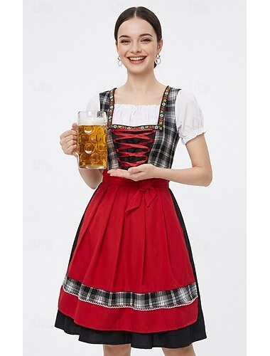  Oktoberfest Robe Dirndl Costume de carnaval Mini longueur Carreaux Sexy Col carré Femme de ménage Bavarois Allemand Alpin Prairies Femmes Carnaval Fête de la Bière Tissu de style traditionnel