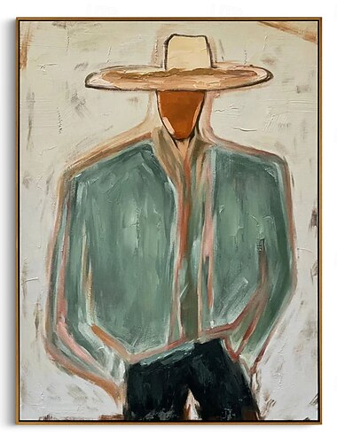  Pintura al óleo minimalista de vaquero pintada a mano, retrato del oeste, arte de pared, figura verde salvia, lienzo para papá, decoración de rancho
