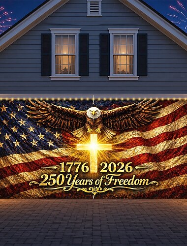  Garagentorabdeckung zum 250. Jahrestag der USA mit Lichterkette, Fotohintergrund mit Adlermotiv zum 4. Juli, USA-Banner (1776–2026) für patriotische Dekoration zum Unabhängigkeitstag