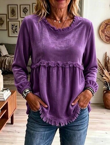  Dames Fluweel Zoom Elegant Bohemen Vakantie Lange mouw Lange tops Casual blauw Geel Blozend Roze Rood Paars Lente Herfst Winter