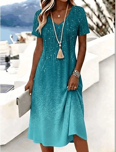  Damen Midikleid T-Shirt-Kleid A Linie Kleid Urlaub Lässig Boho Strand Lässiger Schnitt Ombre Grafik Abstrakt Kurzarm V Ausschnitt Rosa Purpur Orange Grün Sommer Frühling