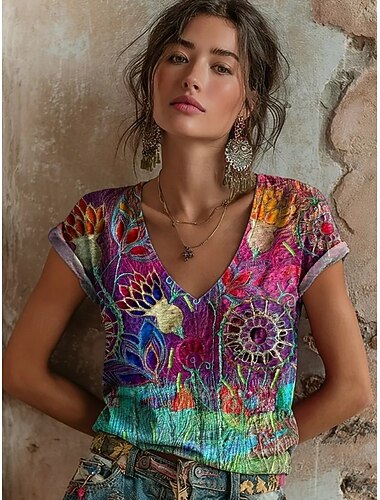  Dames T-shirt Afdrukken Bloemig Grafisch Stijlvol Klassiek Casual Korte mouw V-hals Normale tops Casual Dagelijks blauw Geel Rood Paars Groen Zomer Lente
