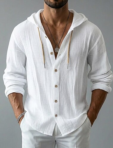  Muži Košile Lněná košile Oblečení na pláž Košile na knoflíky Košile s kapucí Bez vzoru Ležérní Denní Vodní modrá Bílá Černá Trávová zelená Dlouhý rukáv Kapuce Jaro léto Léto Oblečení Knoflíky