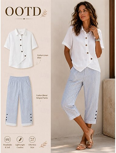  Camisas de lino para mujer, blusa, botones, color liso, básica, casual, manga corta, cuello, tops regulares, diario, azul, blanco, albaricoque, verano, primavera