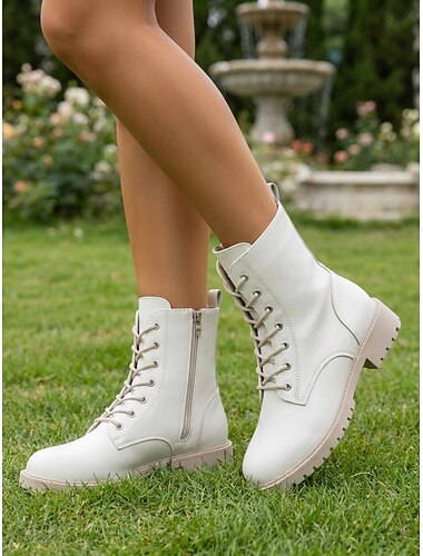  Botas de combate blancas de media caña para mujer: botas de tacón bajo con cordones y cremallera lateral, botas cómodas e informales para caminar y para uso diario.
