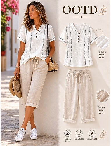  Per donna Camicie di cotone e lino Blusa Grafico A righe Vintage Elegante Essenziale Manica Corta Scollo a V Top Regolari Casuale Quotidiano Blu Bianco Rosa Verde Estate Primavera
