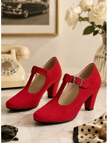  Scarpe Mary Jane da donna in camoscio rosso - décolleté retrò anni '50 con cinturino a T e tacco a blocco per cocktail party serali, scarpe da ballo vintage