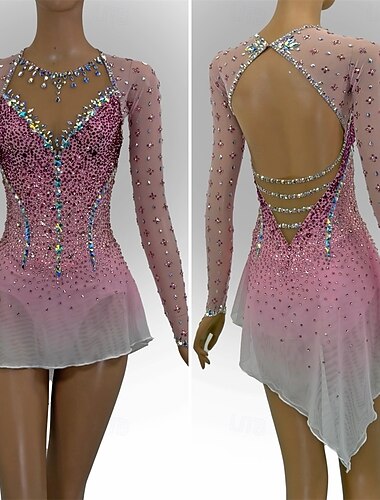  Vestido de patinaje artístico Mujer Patinaje Sobre Hielo Vestidos Rosa Retazos Espalda Abierta Elástico Entrenamiento Competición Ropa de Patinaje Clásico Cristal / Strass Manga Larga Patinaje sobre