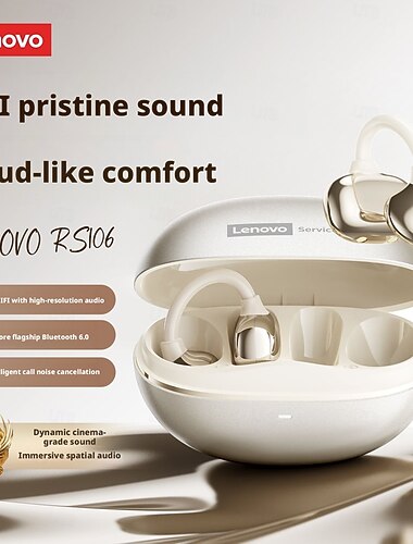 Auricolari wireless Lenovo RS106 a orecchio aperto, cuffie Bluetooth con suono Hi-Fi cristallino, ganci auricolari estremamente comodi, audio spaziale immersivo, microfono con cancellazione del rumore