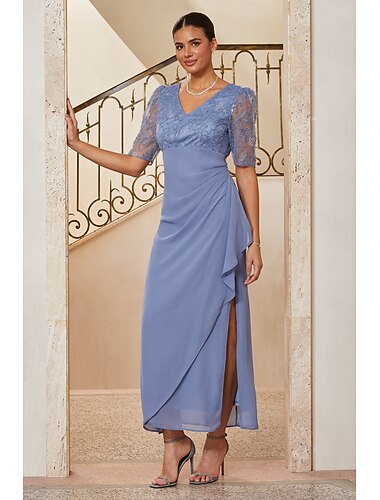  Femmes Fourreau Colonne Robe de Cocktail Robe d'invité de mariage Longueur cheville Col en V Demi Manches Manche illusion Taille empire Élégant La mère de la mariée Semi-Formel avec Chiffon Maille