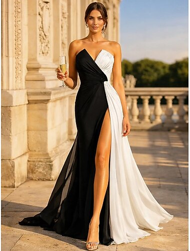  Schlauchkleid Bodenlange Schleppe Abiballkleider Abendkleid Ballkleid Festliche Kleidung Farbblock Weiß Ärmellos Trägerlos Hochzeitsgast Partykleidung mit Schlitz