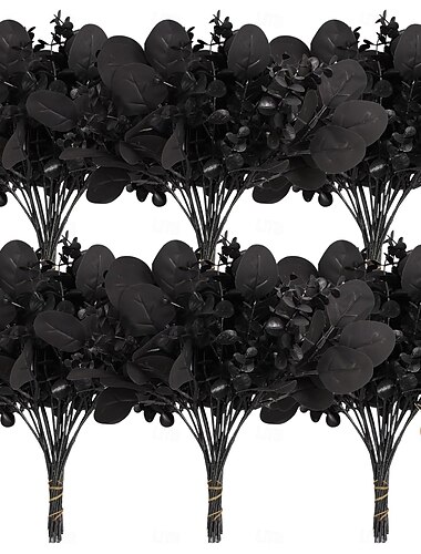  40本の人工黒ユーカリの茎、造花のアレンジメントDIY用のフェイクユーカリの葉の枝ブーケ、ホームハロウィンファームハウスデコレーション用の黒いシルクフラワー