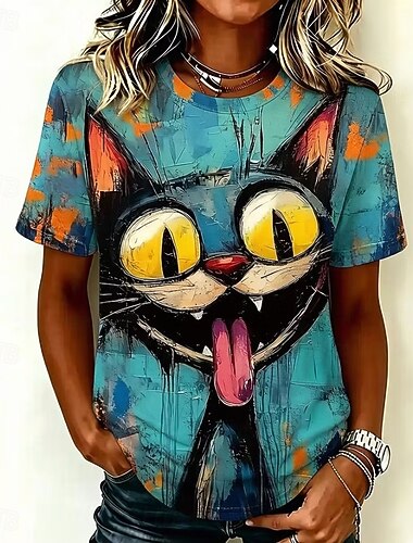  Dames T-shirt Kleurenblok Afdrukken Grafisch dier Kat Vintage Stijlvol Klassiek Korte mouw Strakke ronde hals Lange tops Casual Dagelijks Zwart Rood Bruin Groen Zomer Lente