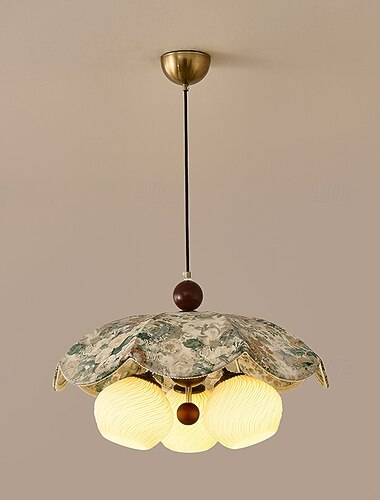  Tradisjonell fransk blomsterformet pendellampe i massivt tre, jern og stoff, 49 cm, med 3 lyskilder, til stue, justerbar kjede, 110–240 V