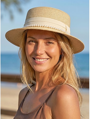  Damehatt med flat topp for båtfolk, sommersolhatt med perledetaljer, flere farger, elegant strandhatt med bred brem for reiser, feriested, hagefest &daglig bruk