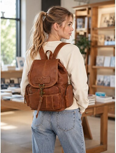  Mochila feminina vintage em couro sintético, bolsa de viagem retrô de grande capacidade com vários bolsos, ideal para faculdade, compras e deslocamentos diários.