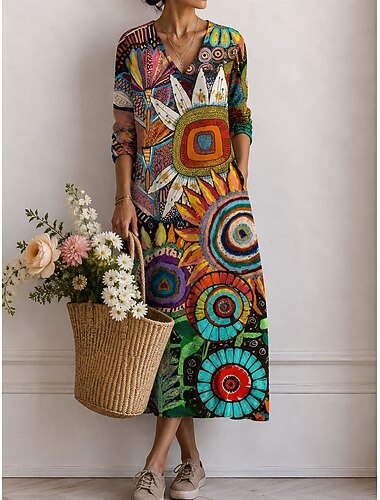  Per donna Abito Midi Vestito Estivo Vestito Casual Abito a trapezio Vacanza Casual Boho Ferie Vestibilità regolare Grafico Astratto Manica Lunga Scollo a V Blu Rosa Cachi Estate Primavera