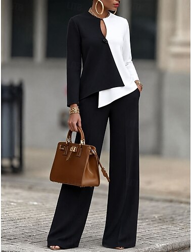  Damen-Langarmtop, schwarz-weiß, farblich abgesetzt, asymmetrisch, Langarm &Zweiteiliges Business-Casual-Set mit hochgeschnittener Schlaghose