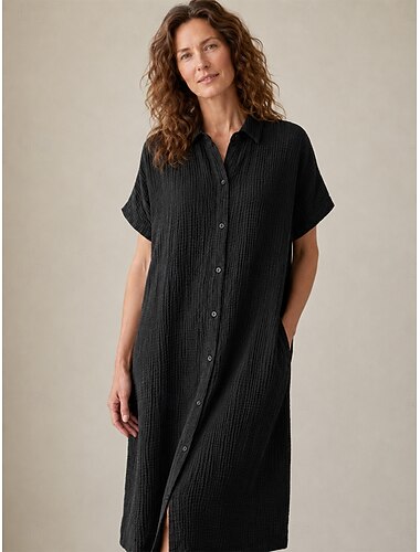  Mulheres Vestido midi 100% Algodão Elegante Moda Diário Ao ar livre Normal Tecido Manga Curta Colarinho de Camisa Branco Preto Laranja Verde Primavera