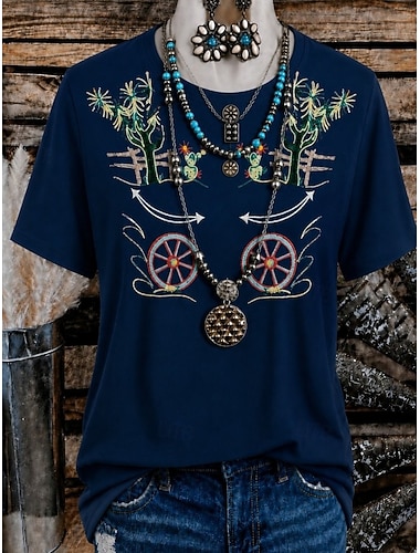  Dames western boho T-shirt met bloemenprint, geometrische vormen, vintage stijl, casual, korte mouwen, ronde hals, lange top, casual, dagelijks, weekend, blauw, zwart, rood, groen, zomer, lente,