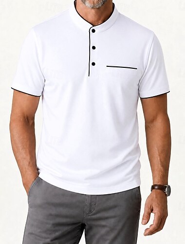  Polo de hombre con bloques de color - Camisa de golf informal con cuello mandarín - Blanco