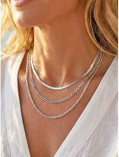  Dameskettingenset van goud en zilver met meerdere lagen, 3-delige kettingenset van legering, perfect voor zomervakantie, dagelijks gebruik en als elegante sieraden om te combineren.