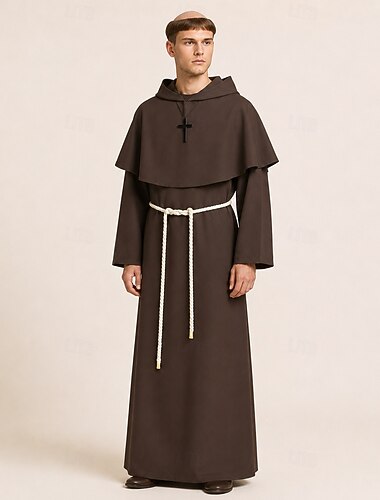  Set Retrò Vintage Medievale Rinascimento Lunghezza al pavimento Veste con cappuccio Vestaglia con accessori Lunghe Monaco Costume Per uomo Religioso e spirituale Halloween Mascherata Fiera