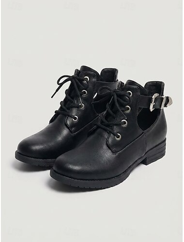  Botas de combate negras de tacón bajo con aberturas para mujer: botines con cordones, hebilla lateral ajustable y suela antideslizante duradera para viajes y uso casual.