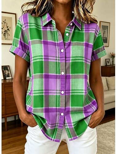  Dames Overhemd Knop Afdrukken Grafisch Ruitjes Gestreept Vintage Dagelijks Stijlvol Korte mouw Overhemdkraag Croptops Casual Dagelijks Licht Paars Paars Groen Zomer Lente