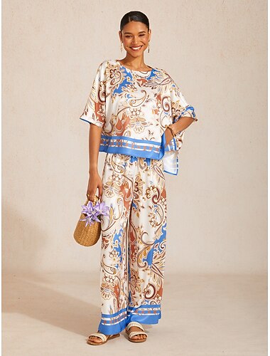  Top a maniche a pipistrello in raso setoso con stampa paisley floreale reale