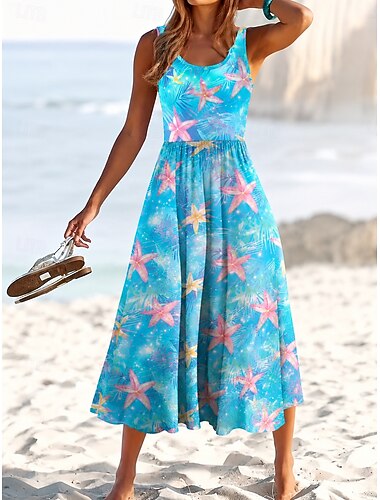  Damen Midikleid Sommerkleid A Linie Kleid Urlaub Lässig Strand Strand Date Normale Passform Grafik Geometrisch Ärmellos U-Ausschnitt Blau Rosa Orange Sommer Frühling