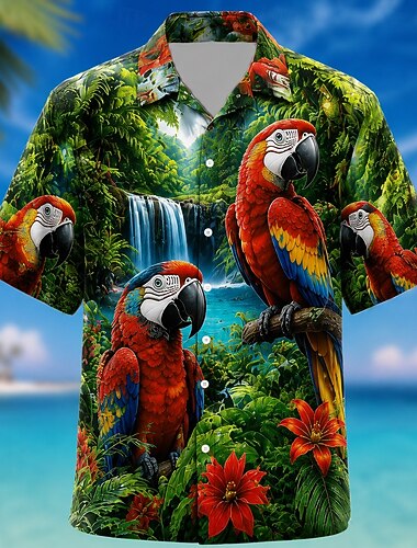  Homens Papagaio Coqueiro Plantas Tropicais Camisa havaiana Camisas tropicais Camiseta Aloha Manga Curta Havaiana Diário férias na praia Verão Primavera Aberto para a Lateral Impressão 3D Camisas de