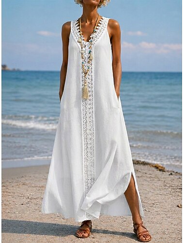  Dames Grote maten Maxi-jurk Witte kanten jurk Casual jurk Casual Strand Vakantie Normale pasvorm Effen Mouwloos V-hals Wit Zomer