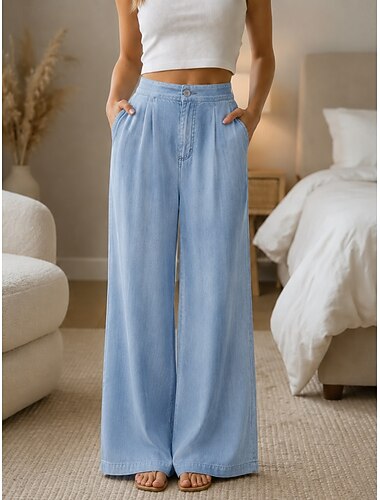  Mujer Vaqueros Perneras anchas Pantalones casuales Elegante Moda Longitud total Alta cintura Comodidad Vacaciones Formal Azul Piscina Azul Oscuro Verano Primavera