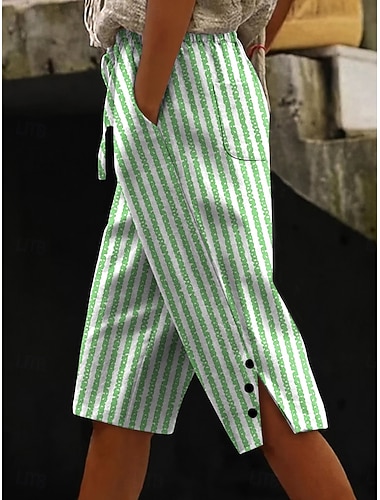  Dames Katoenen linnen shorts Capri broeken Breed Been Chinese Vakantie Vintage oma-stijl aan de kust Kuitlengte Medium Taille Grafisch Gestreept Abstract Afdrukken Comfort Comfortabel Inelastisch