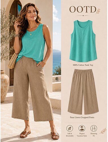  Damskie Spodnie lniane Spodnie capri Spodnie Letnie szorty Urlop Moda Podstawowy Pełna długość Wysoka talia Jednokolorowe Równina Kieszeń Spodnie szerokie nogawki Elastyczny pas Komfort Miękka