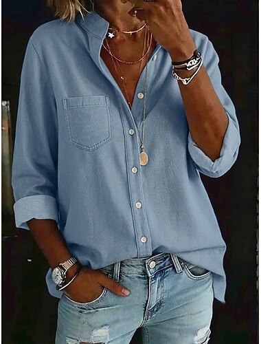  Camisa de mujer, blusa, estilo denim, con bolsillos, botones, color liso, elegante, a la moda, para uso diario, manga larga, cuello clásico, tops casuales, azul, primavera