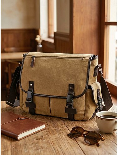  Borsa a tracolla da uomo in tela con molte tasche e grande capacità, tracolla regolabile, borsa a spalla casual multicolore per pendolarismo, viaggi e uso quotidiano