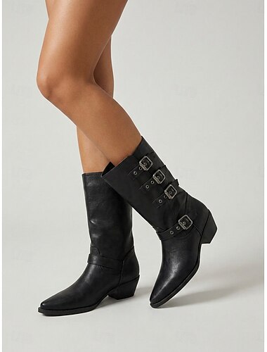  Dames zwarte leren westernlaarzen - gothic met meerdere gespen, middelhoge hakken, perfect voor spijkerrokken en openluchtmuziekfestivals.