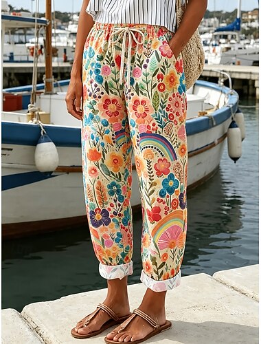  Mulheres chinês Férias Vintage Casual Comprimento total Cintura Média Floral Gráfico Bolsos Estampado Conforto Macio Exterior Sem Elasticidade Casual Diário Ao ar livre Azul Branco Amarelo Rosa Verão